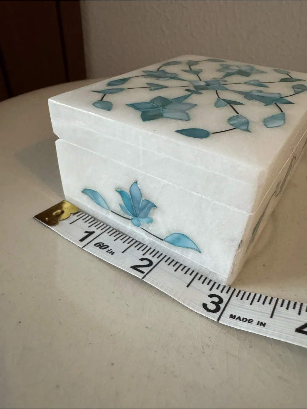 Handcrafted White Marble Jewelry Box with Blue Floral Inlay